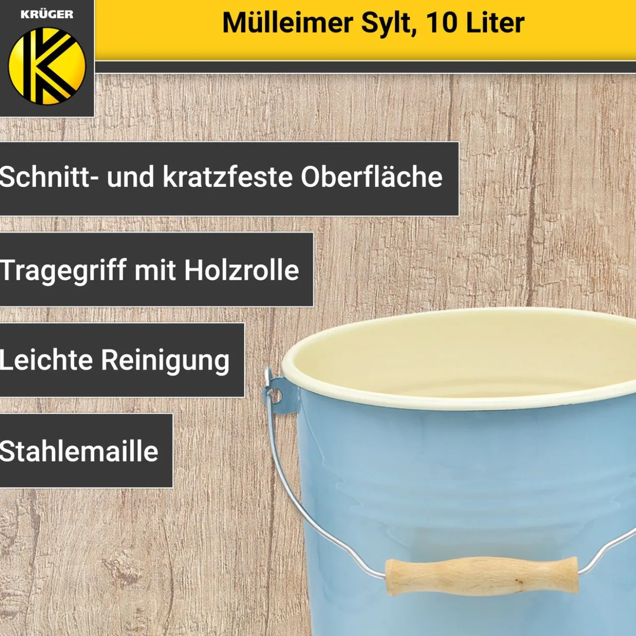 Emaillierter Mülleimer SYLT mit Deckel, 10 Liter