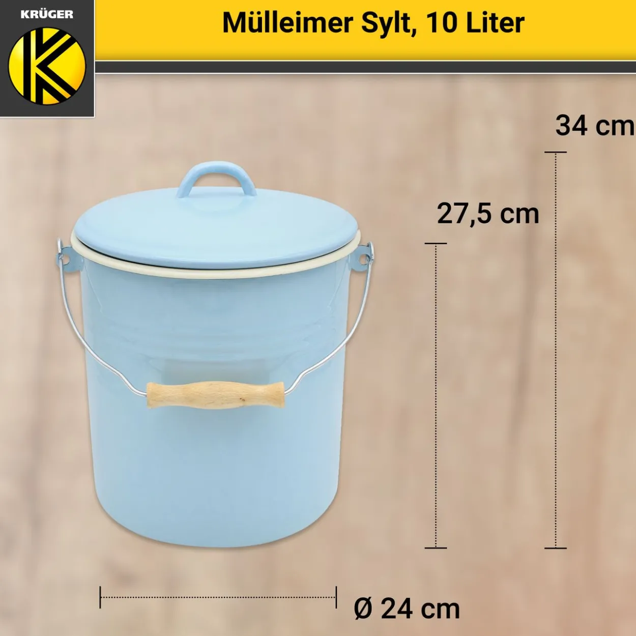 Emaillierter Mülleimer SYLT mit Deckel, 10 Liter