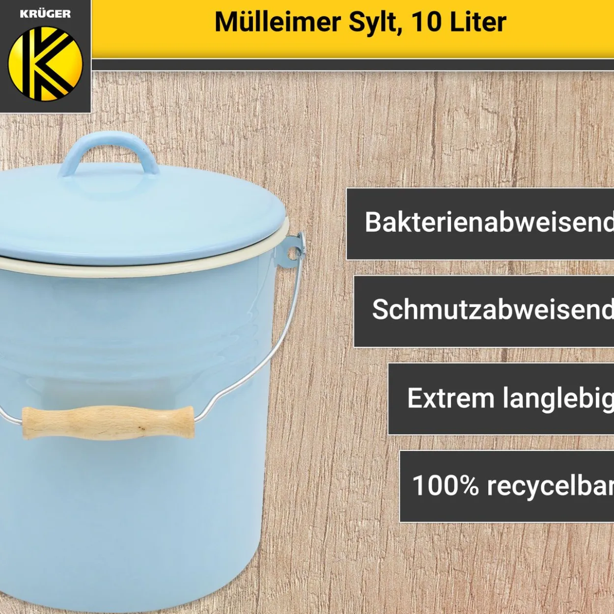 Emaillierter Mülleimer SYLT mit Deckel, 10 Liter
