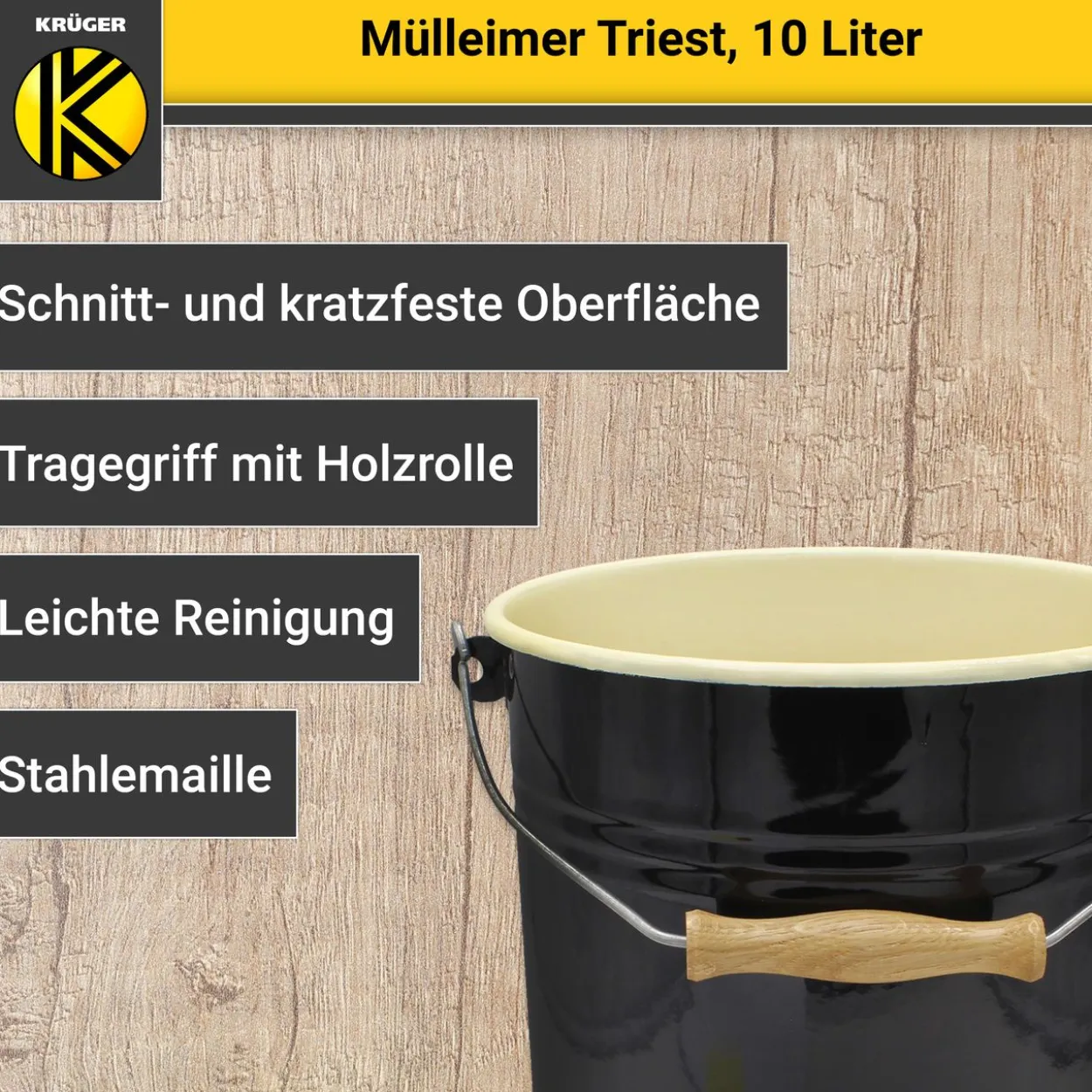 Emaillierter Mülleimer TRIEST mit Deckel, 10 Liter
