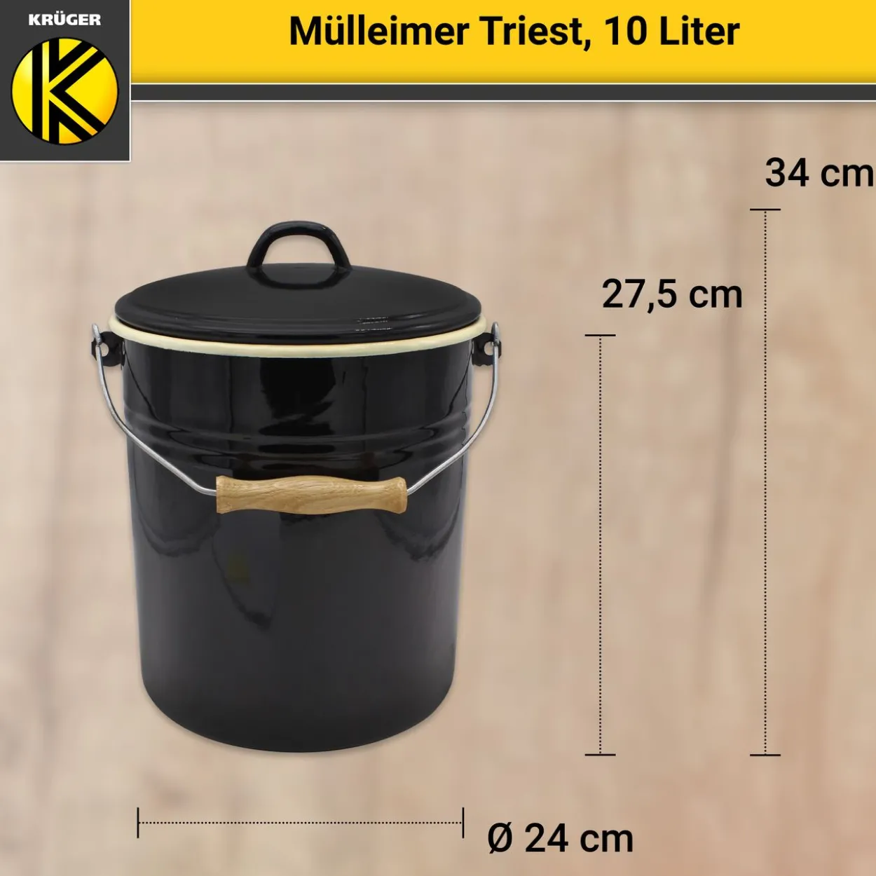 Emaillierter Mülleimer TRIEST mit Deckel, 10 Liter