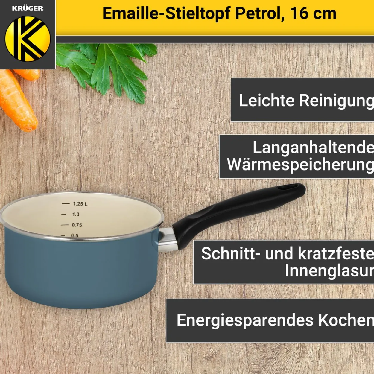 Emaillierter Stieltopf Petrol, 16 cm