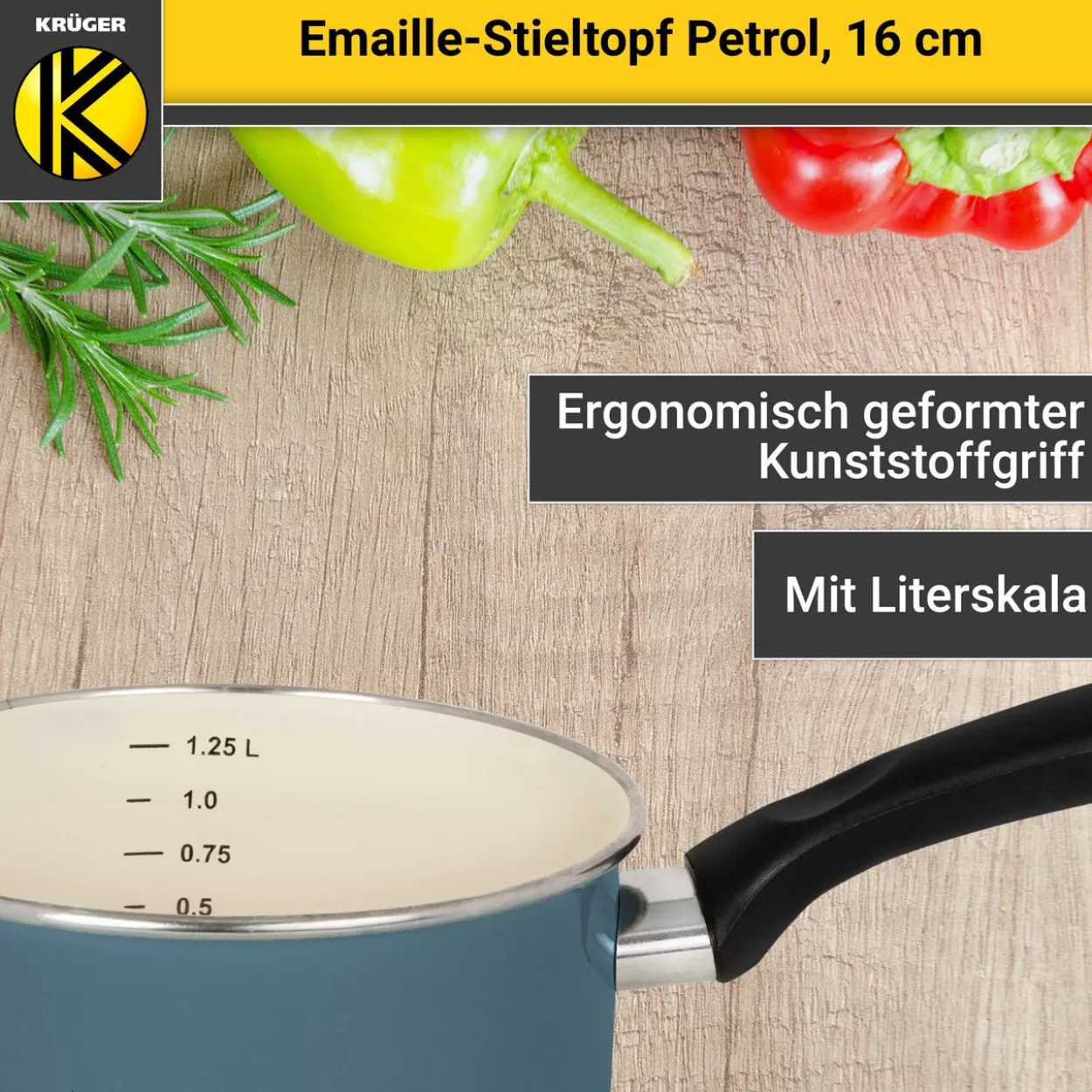 Emaillierter Stieltopf Petrol, 16 cm