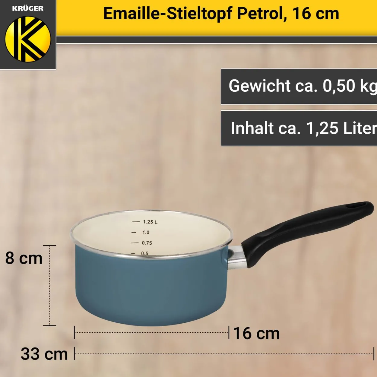 Emaillierter Stieltopf Petrol, 16 cm
