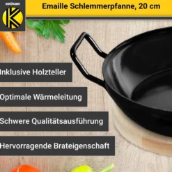 Emaillierte Schlemmerpfanne mit Holzteller, 20 cm