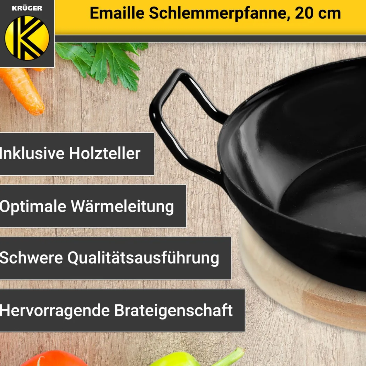 Emaillierte Schlemmerpfanne mit Holzteller, 20 cm