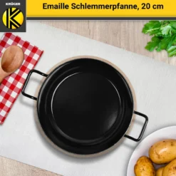 Emaillierte Schlemmerpfanne mit Holzteller, 20 cm