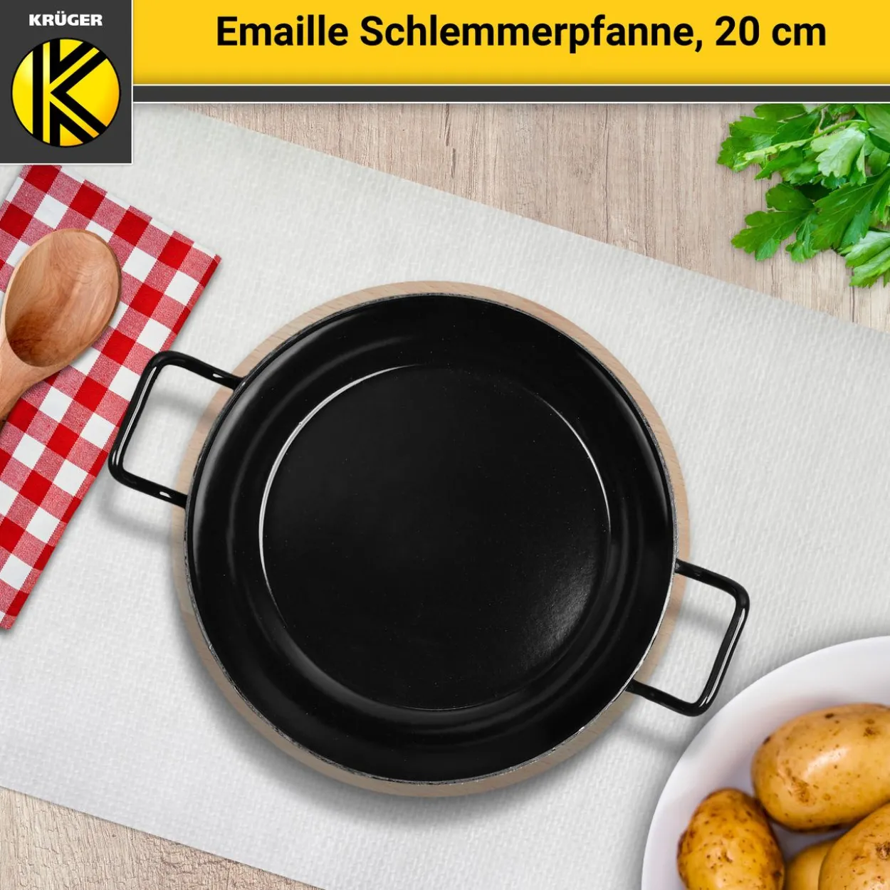 Emaillierte Schlemmerpfanne mit Holzteller, 20 cm