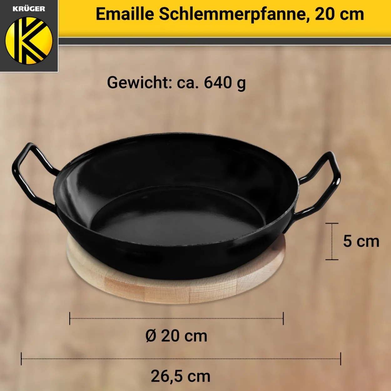 Emaillierte Schlemmerpfanne mit Holzteller, 20 cm