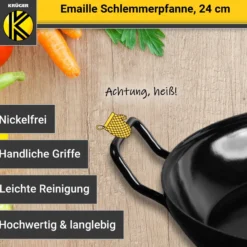Emaillierte Schlemmerpfanne mit Holzteller, 24 cm