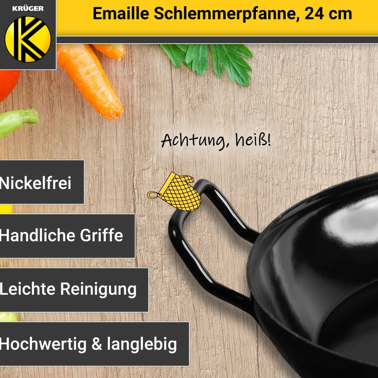 Emaillierte Schlemmerpfanne mit Holzteller, 24 cm