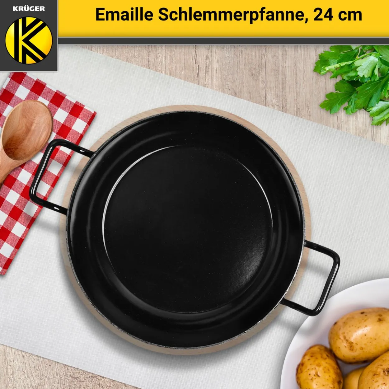 Emaillierte Schlemmerpfanne mit Holzteller, 24 cm