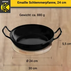 Emaillierte Schlemmerpfanne mit Holzteller, 24 cm