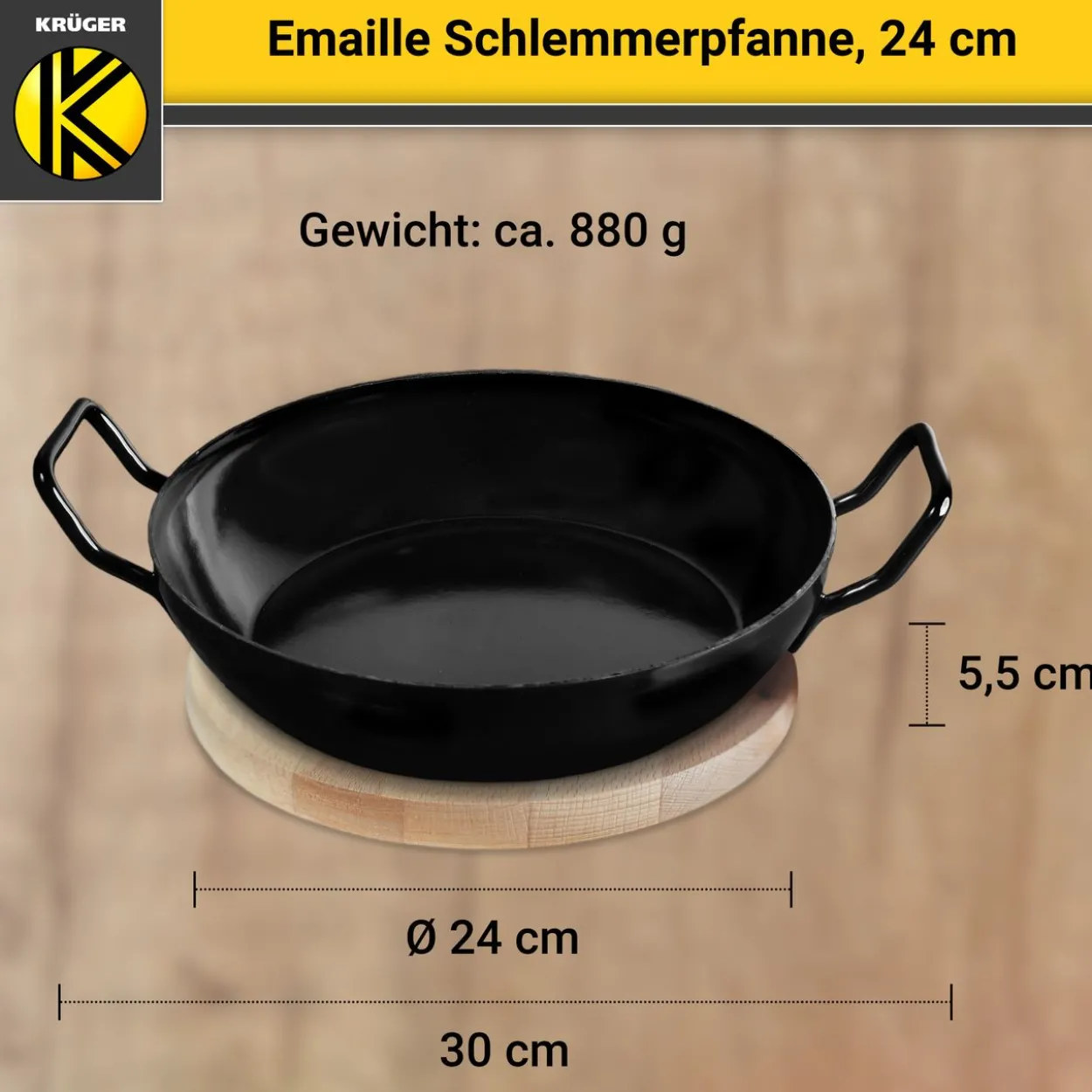 Emaillierte Schlemmerpfanne mit Holzteller, 24 cm