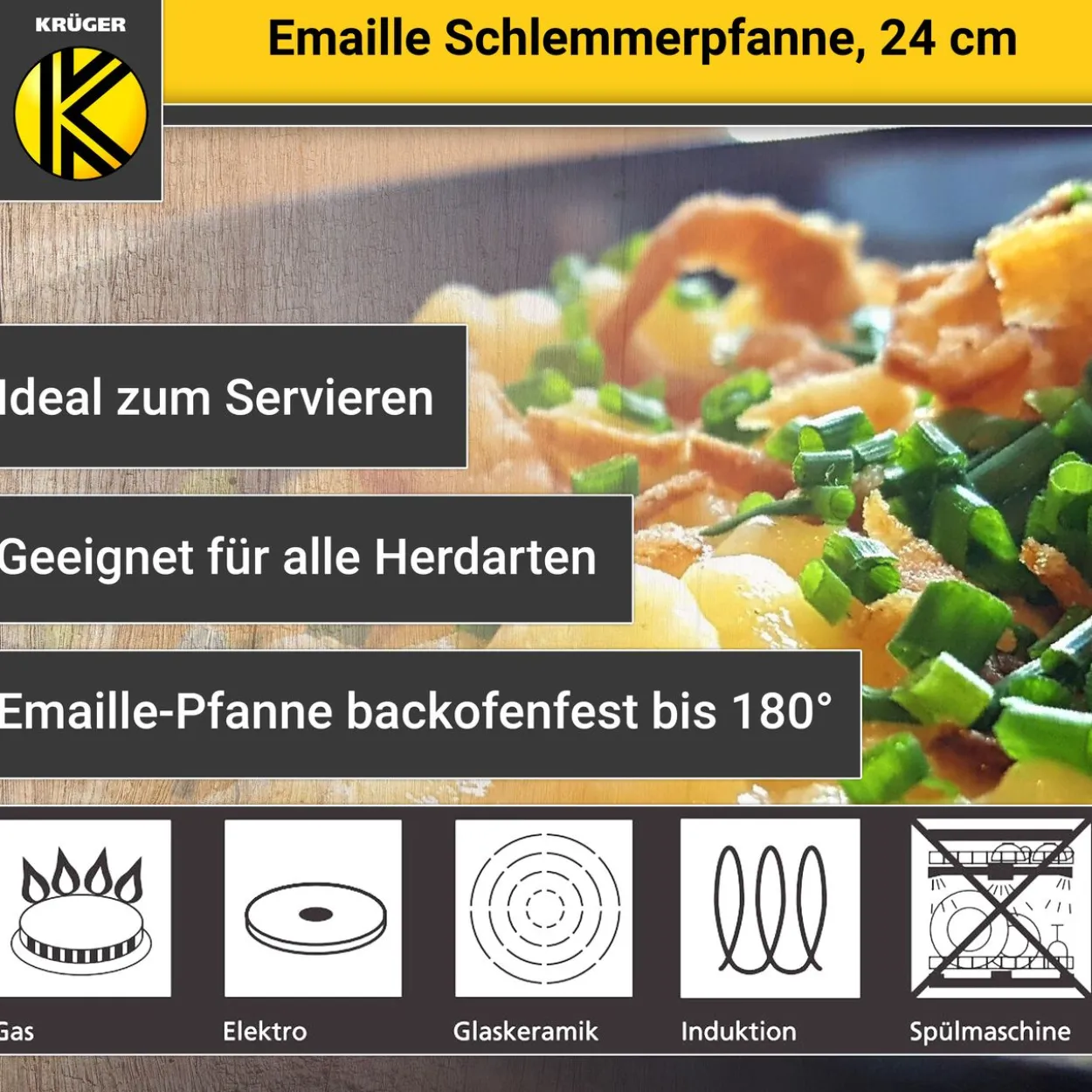 Emaillierte Schlemmerpfanne mit Holzteller, 24 cm
