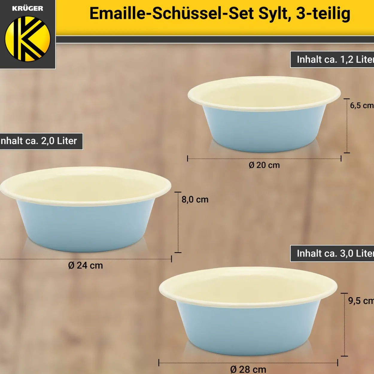 Emailliertes Schüssel-Set SYLT 3 tlg. (20, 24, 28 cm)