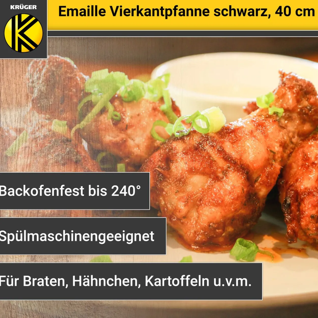 Emaillierte Vierkantpfanne schwarz, 40 cm