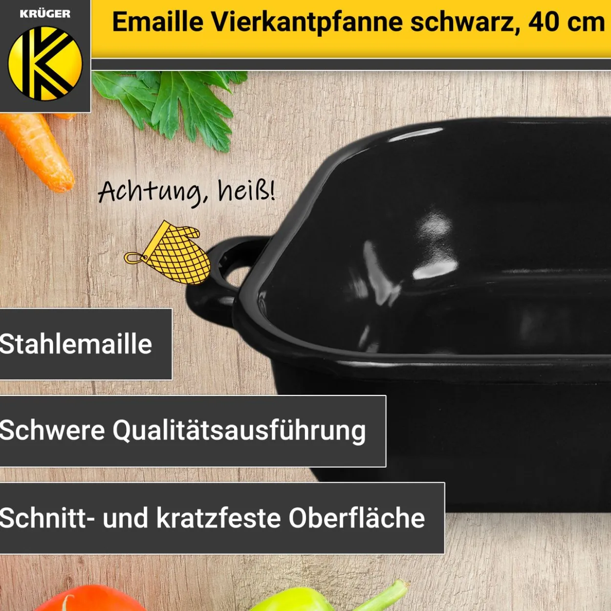 Emaillierte Vierkantpfanne schwarz, 40 cm