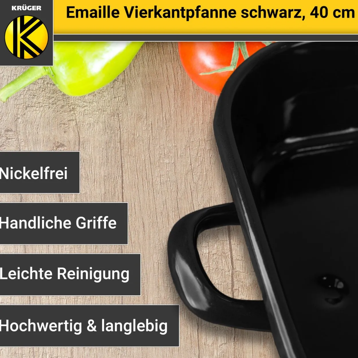 Emaillierte Vierkantpfanne schwarz, 40 cm