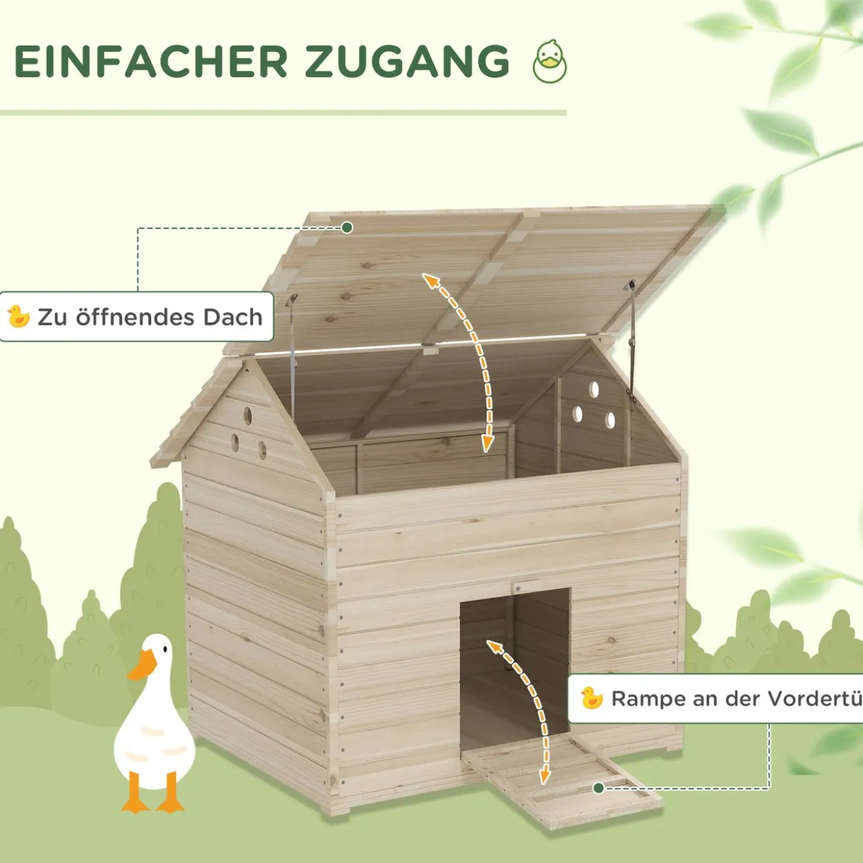 Entenhaus mit aufklappbarem Kippdach, Geflügelhaus mit erhöhten Boden und Rampe