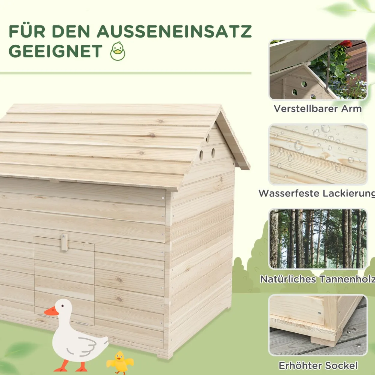 Entenhaus mit aufklappbarem Kippdach, Geflügelhaus mit erhöhten Boden und Rampe