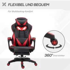 Ergonomischer Gaming Stuhl, Drehstuhl, einziehbare Fußstütze, Schwarz+Rot, 65 x 70 x 118,5-128,5 cm