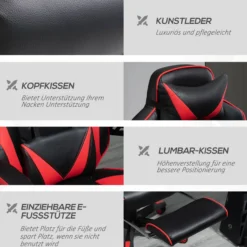 Ergonomischer Gaming Stuhl, Drehstuhl, einziehbare Fußstütze, Schwarz+Rot, 65 x 70 x 118,5-128,5 cm