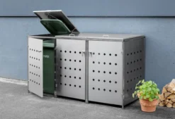 3er Mülltonnenbox Raute aus Edelstahl, ca. 207 x 77,5 x 115 cm - Silber