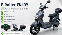 E-Roller ENJOY 45kmh 60V 20Ah 1kW Motor 75KM Reichweite ECE Grau, mit Straßenzulassung