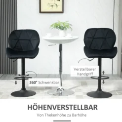 2er-Set Barhocker drehbarmit Lehne Samt Schaumstoff Schwarz 51,5x 57,5 x 93-114,5cm