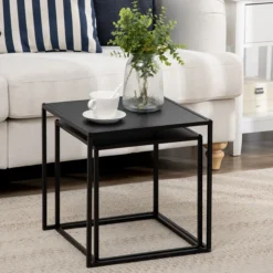 2er-Set Couchtisch Beistelltisch für Wohnzimmer aus Stahlgestell Schwarz