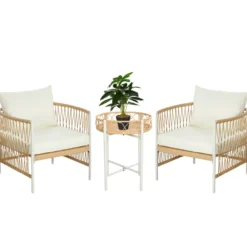 3er Set Rattan Gartenmöbel-Set, Gartengarnitur mit 2 Gartenstühle, Beistelltisch