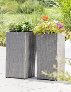 2er-Set Rattan Quader Pflanzkübel aus Kunststoff, ca. 31 x 31 x 65 cm - Grau