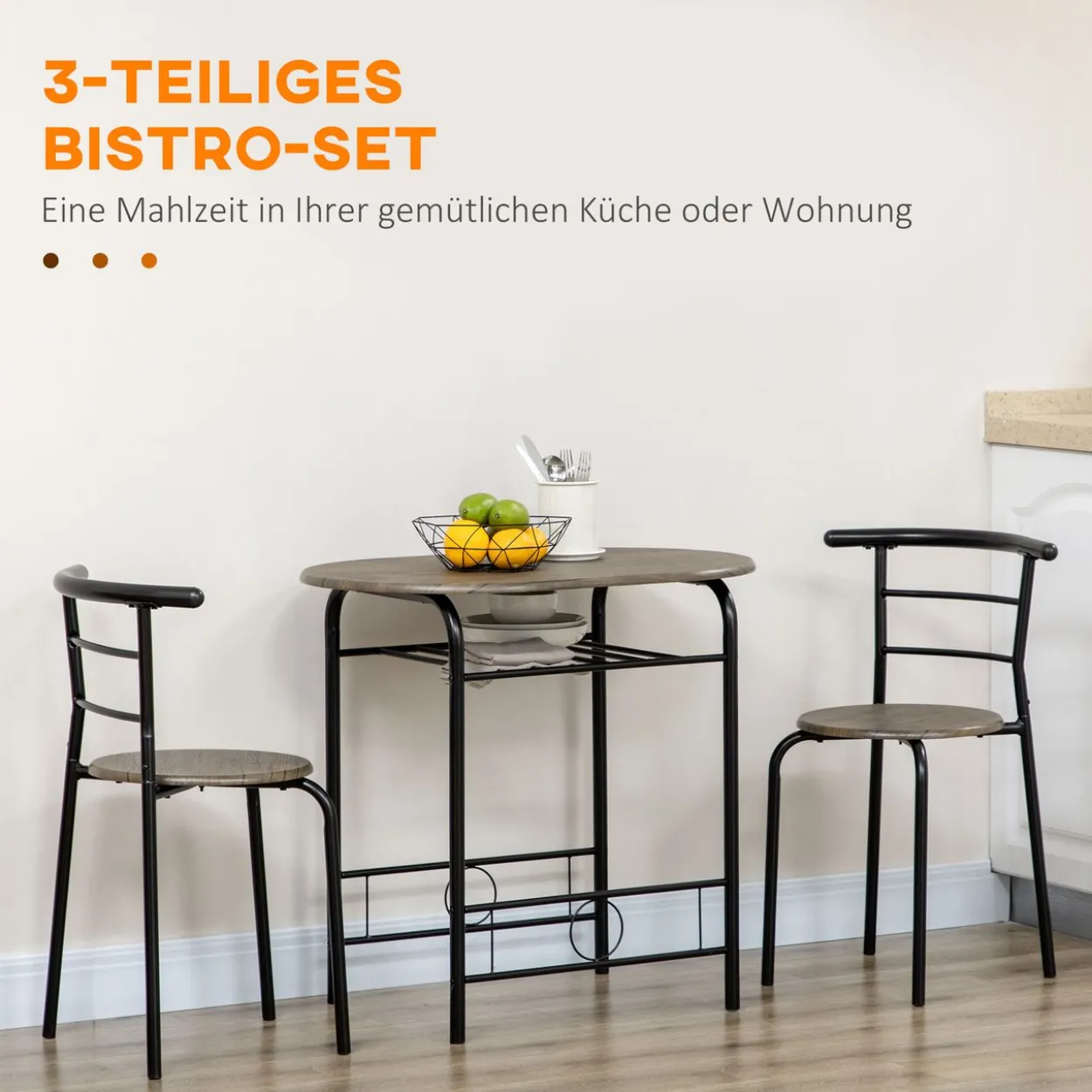 Essgruppe, Esstisch mit 2 Stühlen, Küchentisch mit Ablagefach, Schwarz