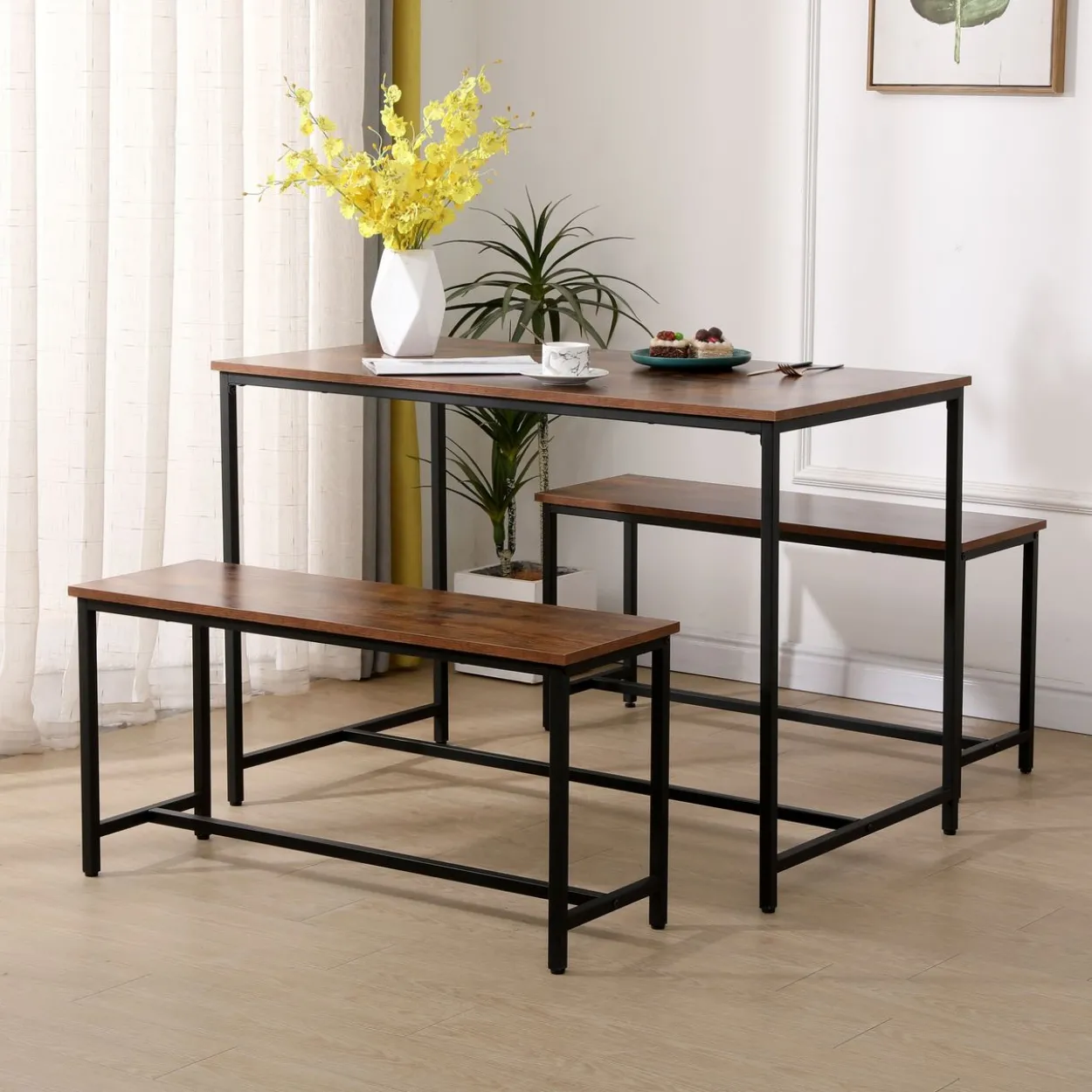 Esszimmertischset mit 1 Tisch & 2 Sitzbänken – Holz/Schwarz