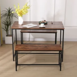 Esszimmertischset mit 1 Tisch & 2 Sitzbänken – Holz/Schwarz