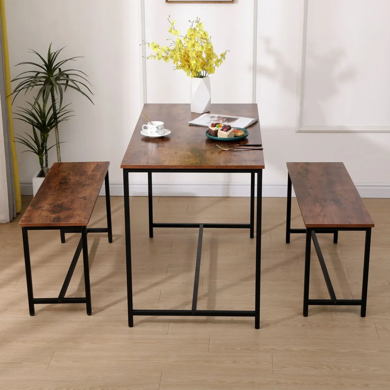 Esszimmertischset mit 1 Tisch & 2 Sitzbänken – Holz/Schwarz
