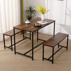 Esszimmertischset mit 1 Tisch & 2 Sitzbänken – Holz/Schwarz
