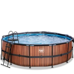 EXIT Wood Pool ø450x122cm mit Sandfilterpumpe und Abdeckung und Wärmepumpe - Braun