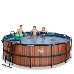 EXIT Wood Pool ø427x122cm mit Sandfilterpumpe und Abdeckung - Braun