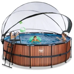 EXIT Wood Pool ø427x122cm mit Sandfilterpumpe und Abdeckung und Wärmepumpe - Braun