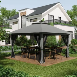 Faltpavillon 4 x 4 m, Gartenpavillon mit 4 Netzwänden, UV-Schutz Grau