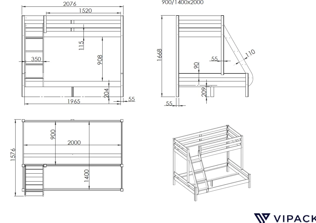 Familienbett Martin 90 x 200 und 140 x 200 cm, mit Leiter in Kiefer massiv natur