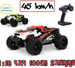 ferngesteuerter RC Monstertruck Rot 1:18, 2 Akkus, Allrad