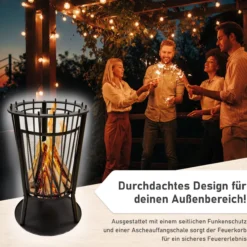 Feuerkorb mit Grillgitter und Funkenschutz, Robuste Feuerschale 65cm hoch