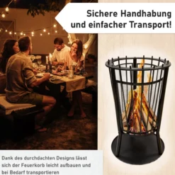 Feuerkorb mit Grillgitter und Funkenschutz, Robuste Feuerschale 65cm hoch