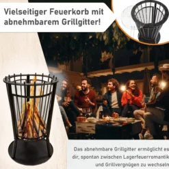 Feuerkorb mit Grillgitter und Funkenschutz, Robuste Feuerschale 65cm hoch