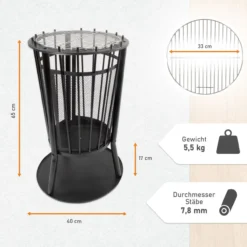 Feuerkorb mit Grillgitter und Funkenschutz, Robuste Feuerschale 65cm hoch
