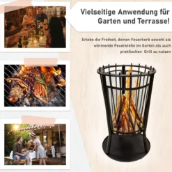 Feuerkorb mit Grillgitter und Funkenschutz, Robuste Feuerschale 65cm hoch