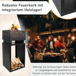 Feuerkorb mit Holzlager, Feuerschale Stahl, Feuerstelle 85,5cm hoch